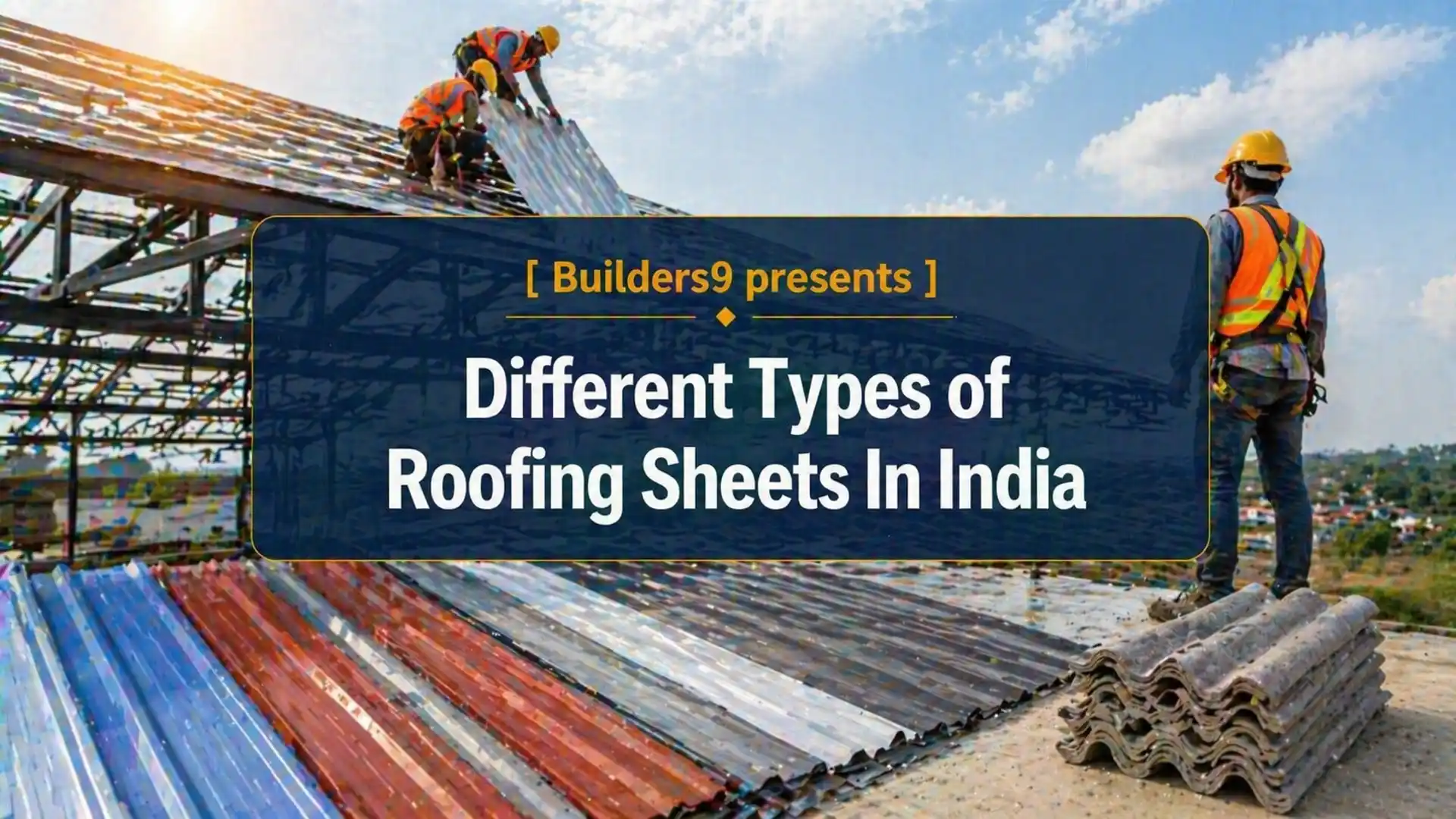 Workers installing corrugated roofing sheets on a steel structure at a construction site