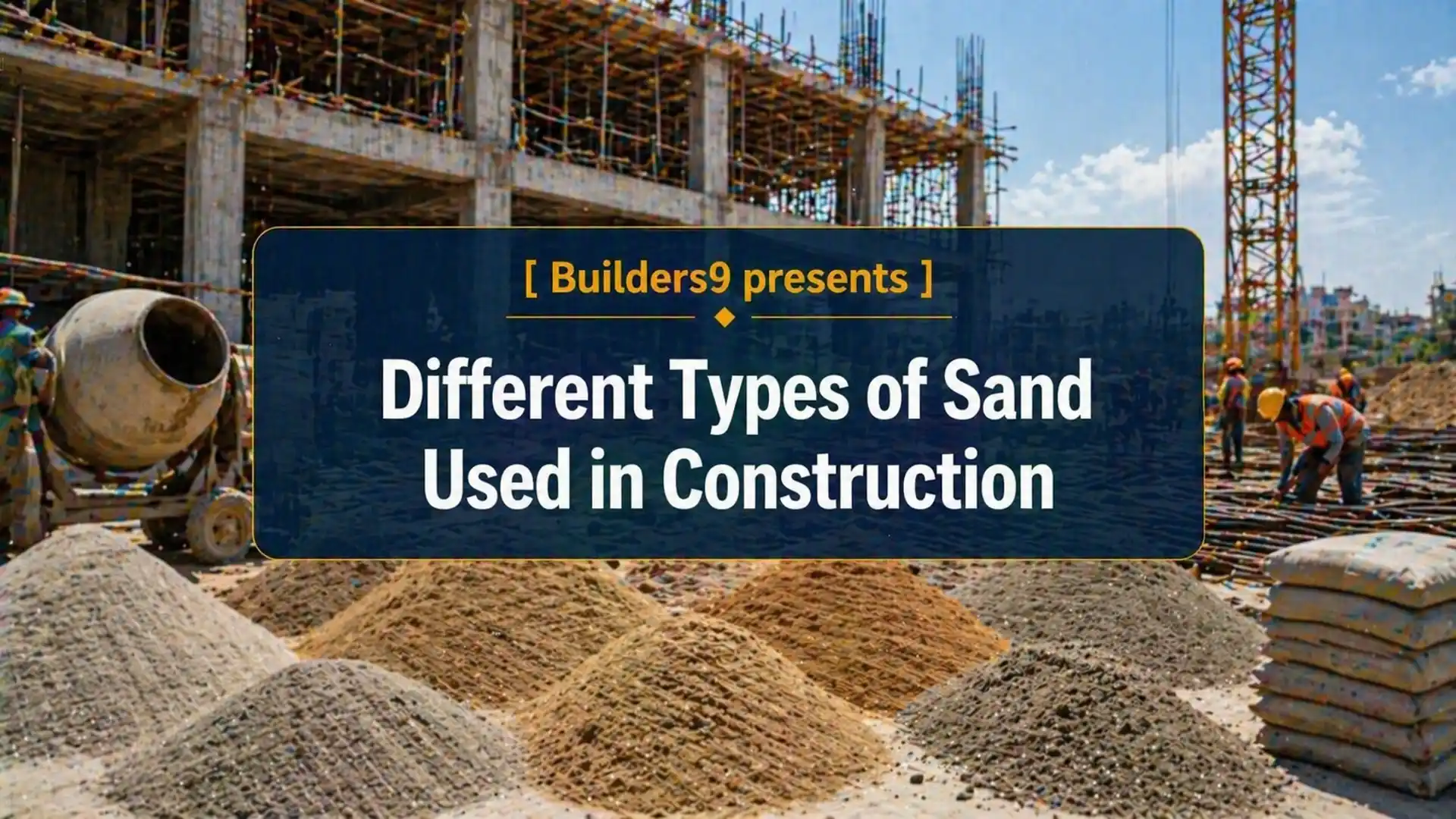 Piles of different sand types at a construction site with workers and building structure in background