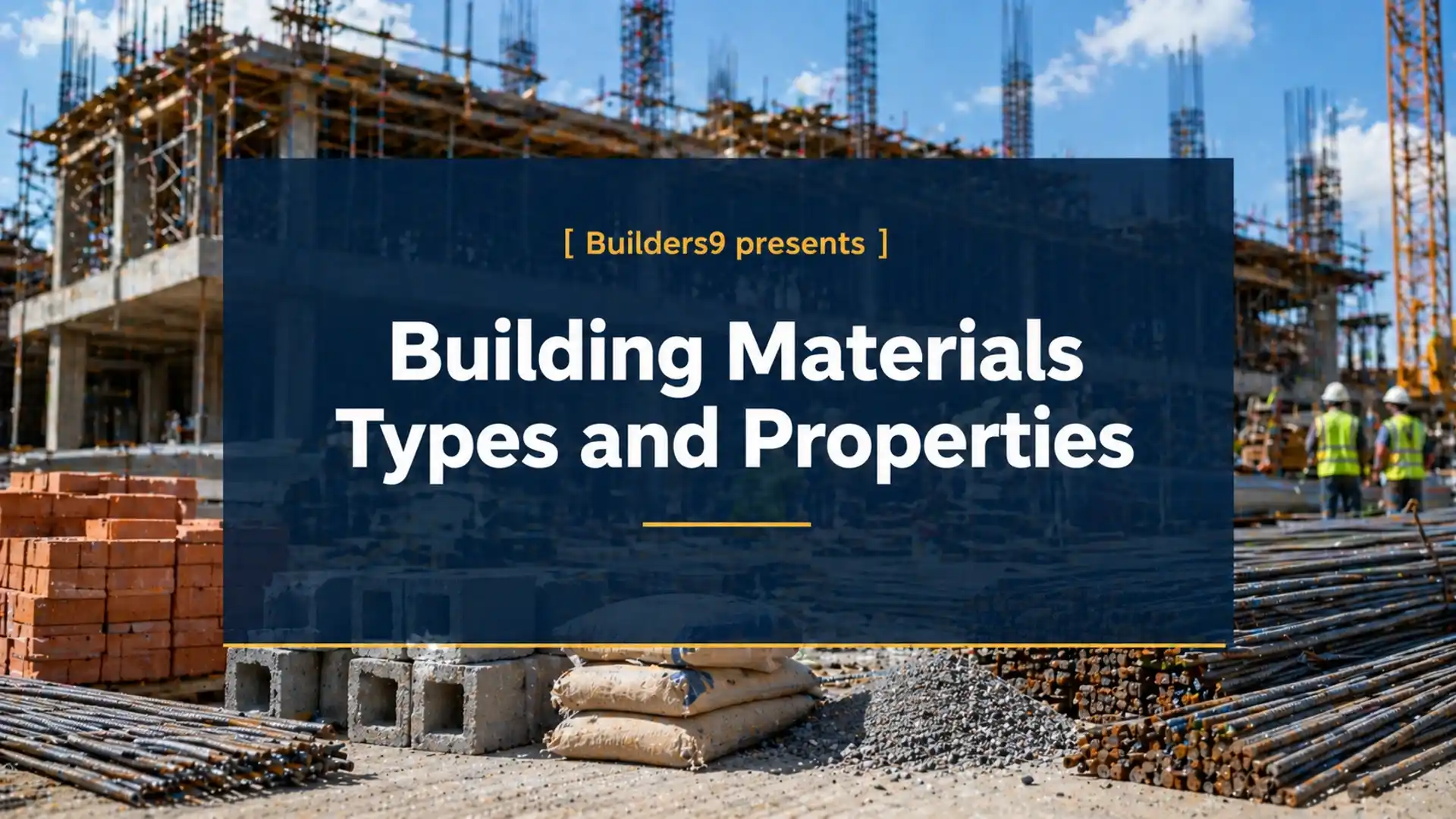 Construction site with stacked bricks, cement bags, steel rods, and concrete blocks showing building materials