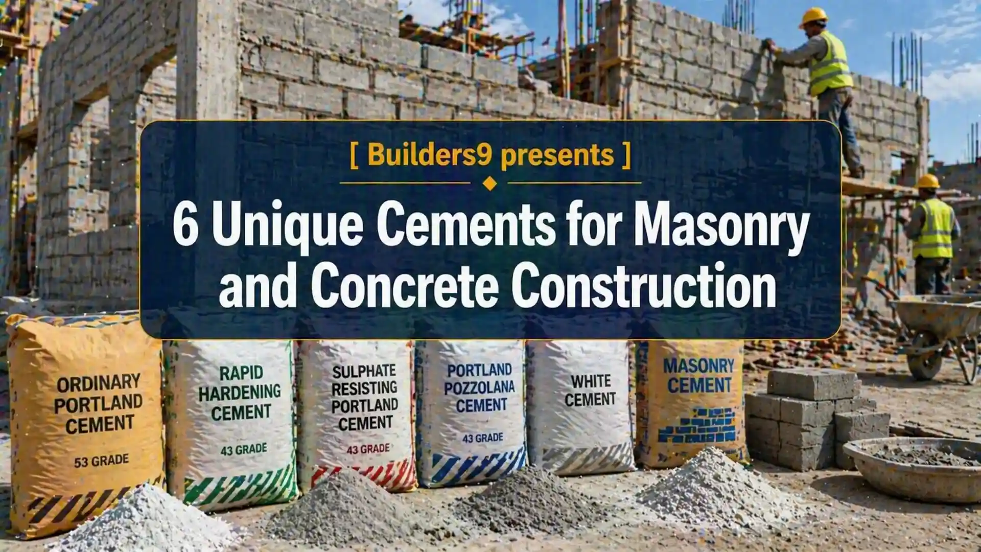 Different types of cement bags displayed at a construction site with workers building masonry walls in the background