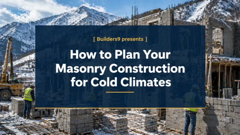 Construction site in a snowy mountainous region with workers building masonry walls using concrete blocks