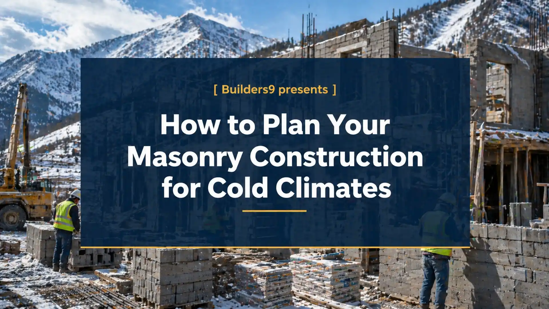 Construction site in a snowy mountainous region with workers building masonry walls using concrete blocks