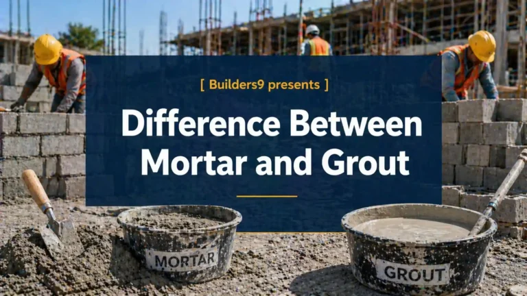 Buckets labeled mortar and grout at a construction site with workers laying blocks in the background