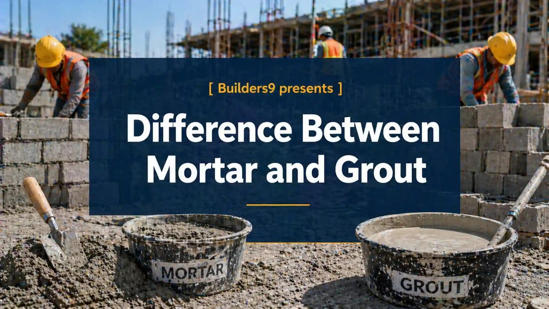 Buckets labeled mortar and grout at a construction site with workers laying blocks in the background