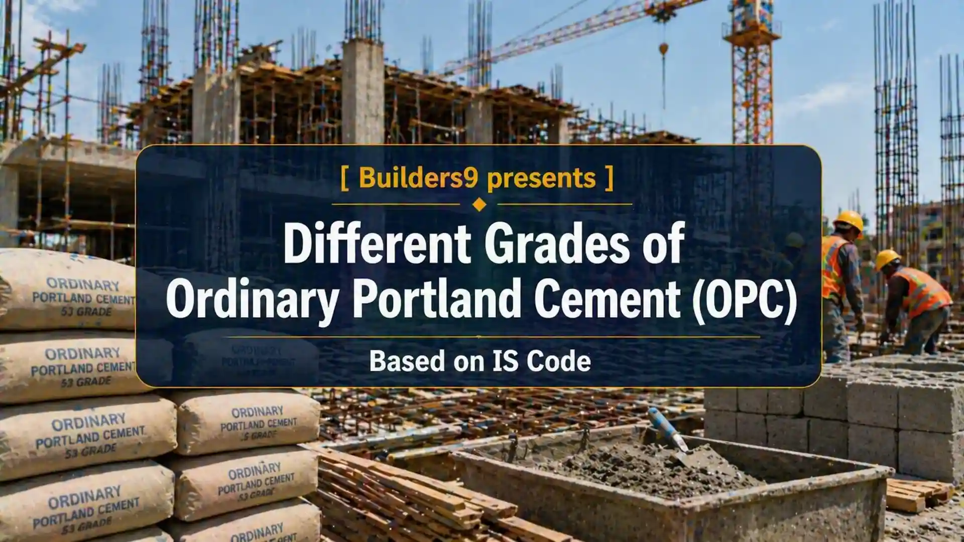 Stacks of OPC cement bags at a construction site with workers mixing concrete and building structure in background