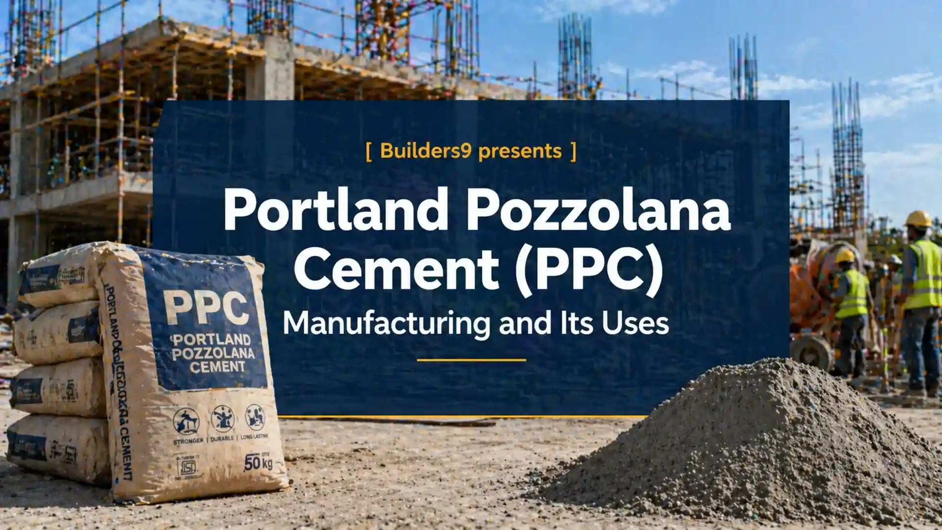 PPC cement bags on a construction site with workers and concrete mixing in the background