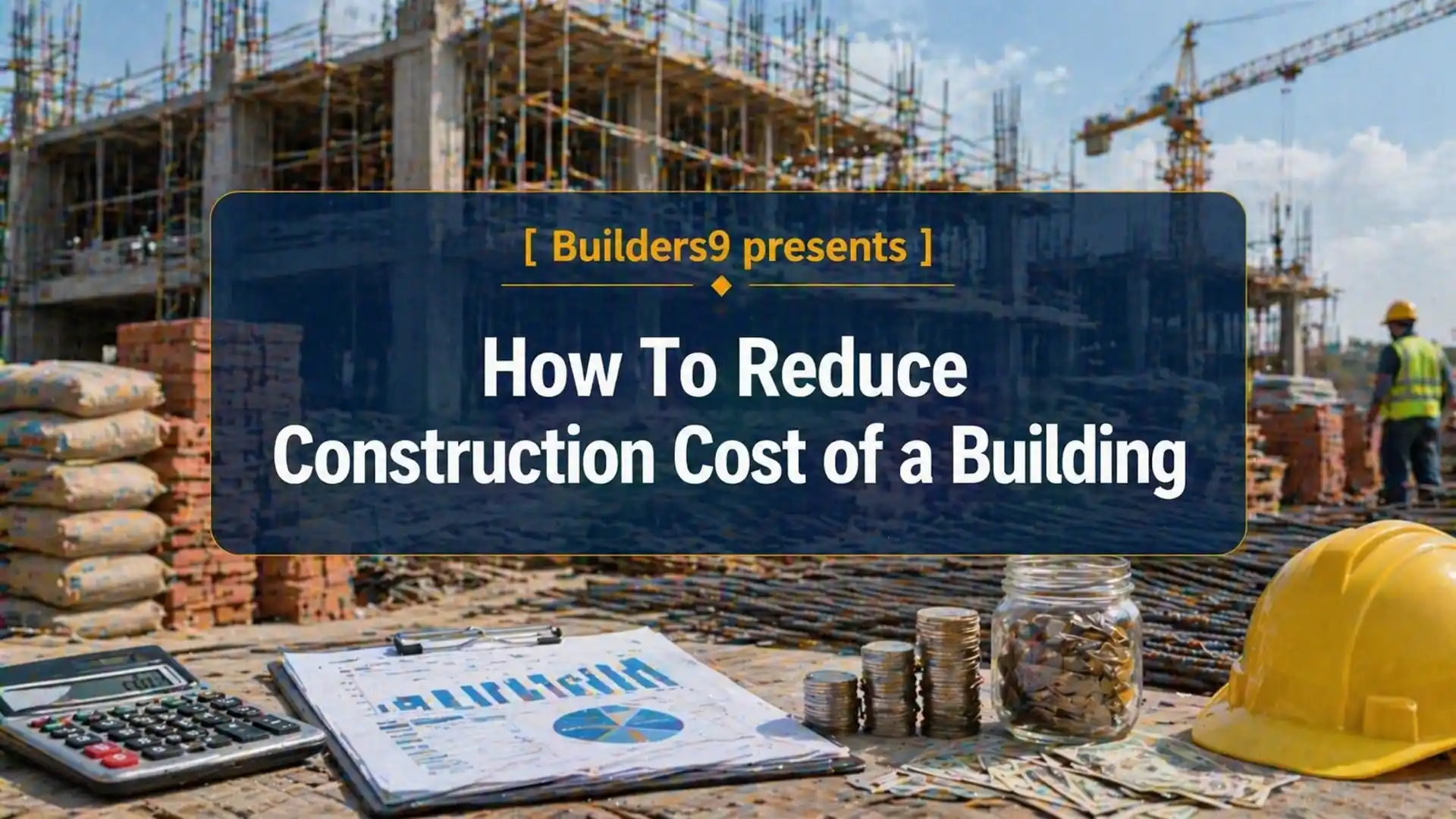 Construction site with cost planning tools, including calculator, coins, helmet, and building materials in the background