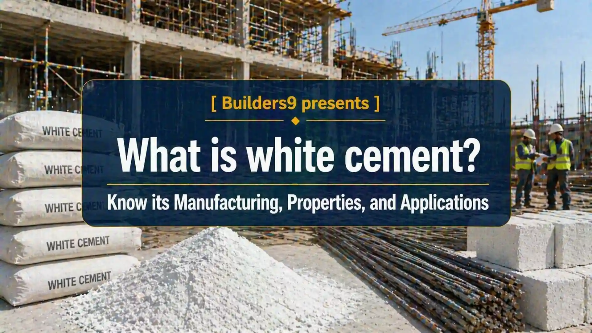 White cement bags and powder at a construction site with workers and steel bars in the background