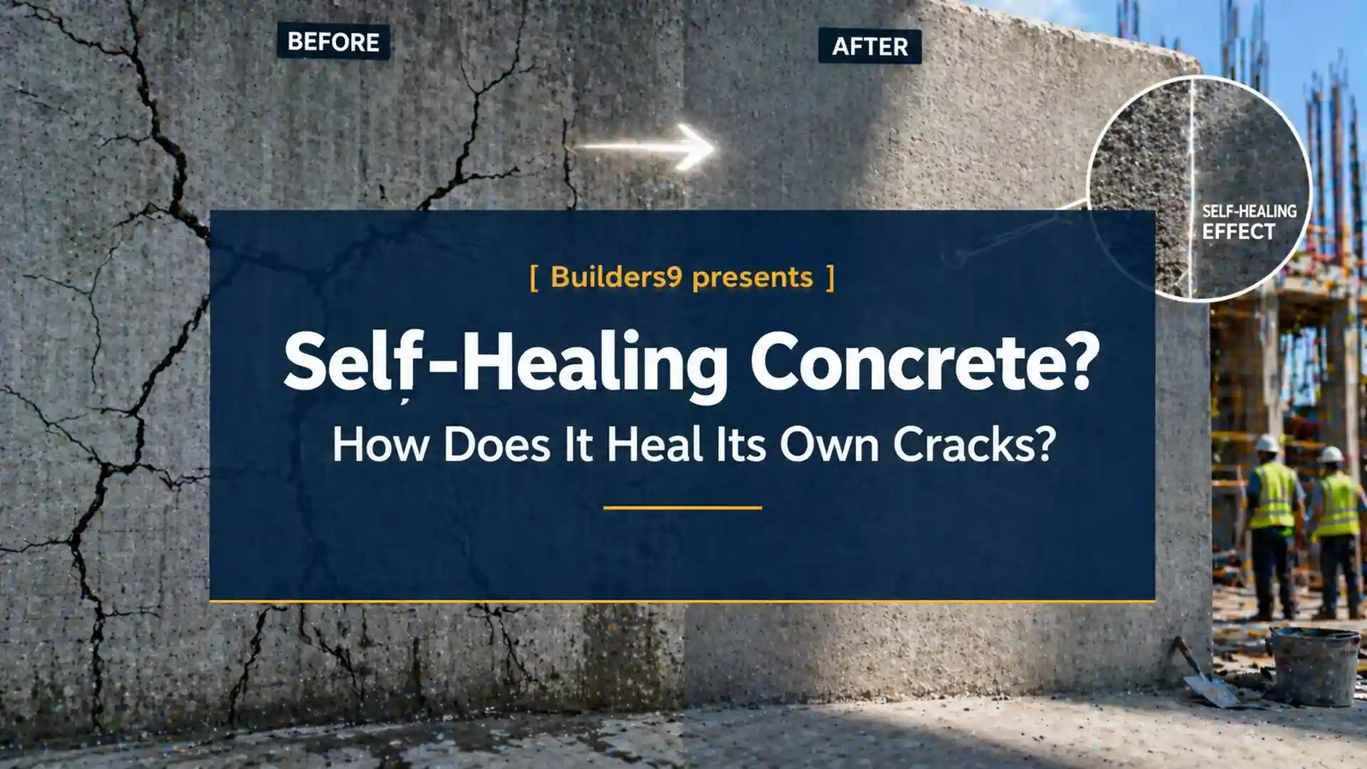 Cracked concrete wall showing before and after self-healing effect with repaired surface and construction workers in background