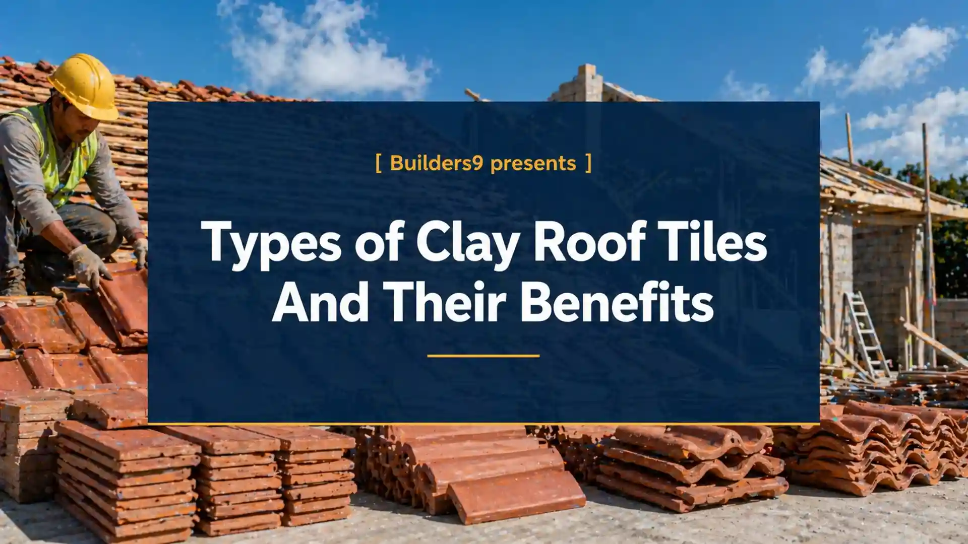 Worker installing clay roof tiles on a house with stacks of terracotta tiles in the foreground at a construction site