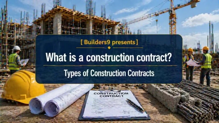 Construction contract document on a worksite table with blueprints, helmet, and engineers reviewing plans at a building site