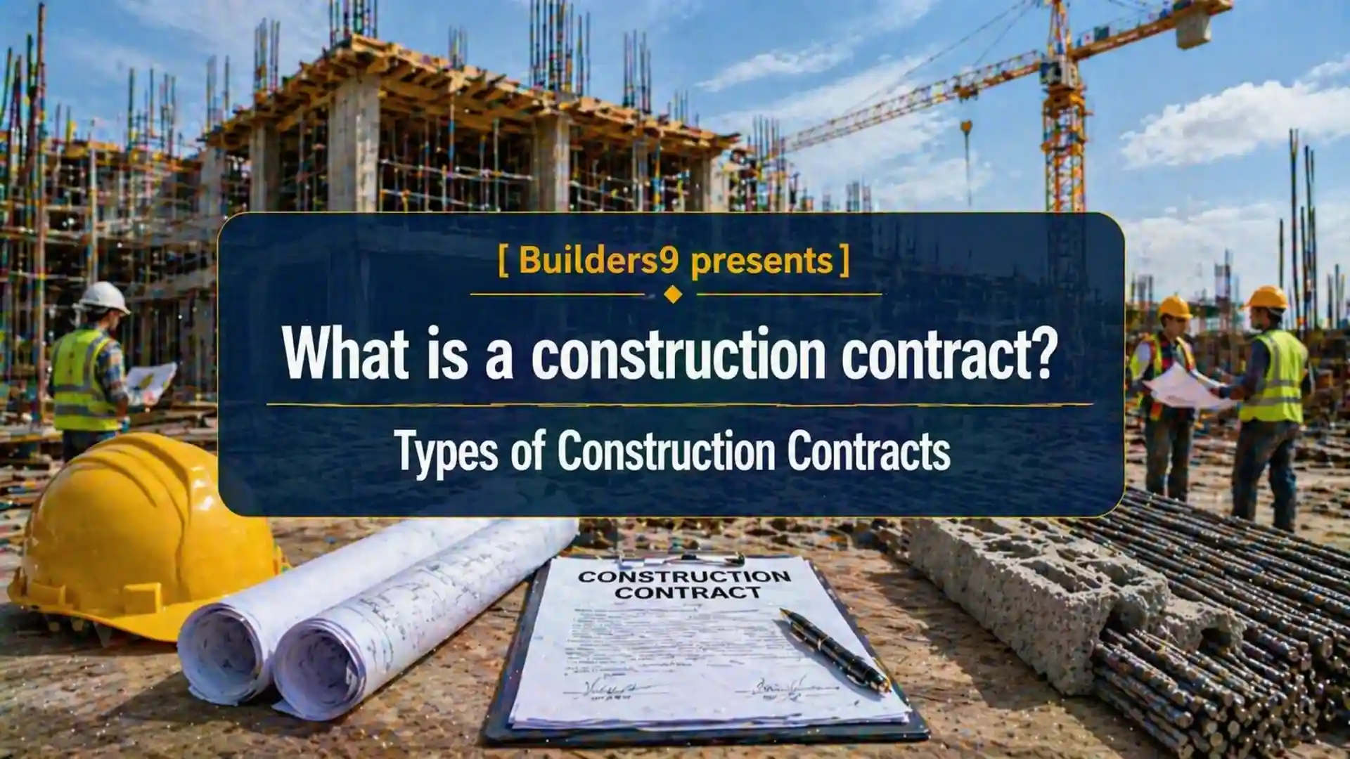 Construction contract document on a worksite table with blueprints, helmet, and engineers reviewing plans at a building site