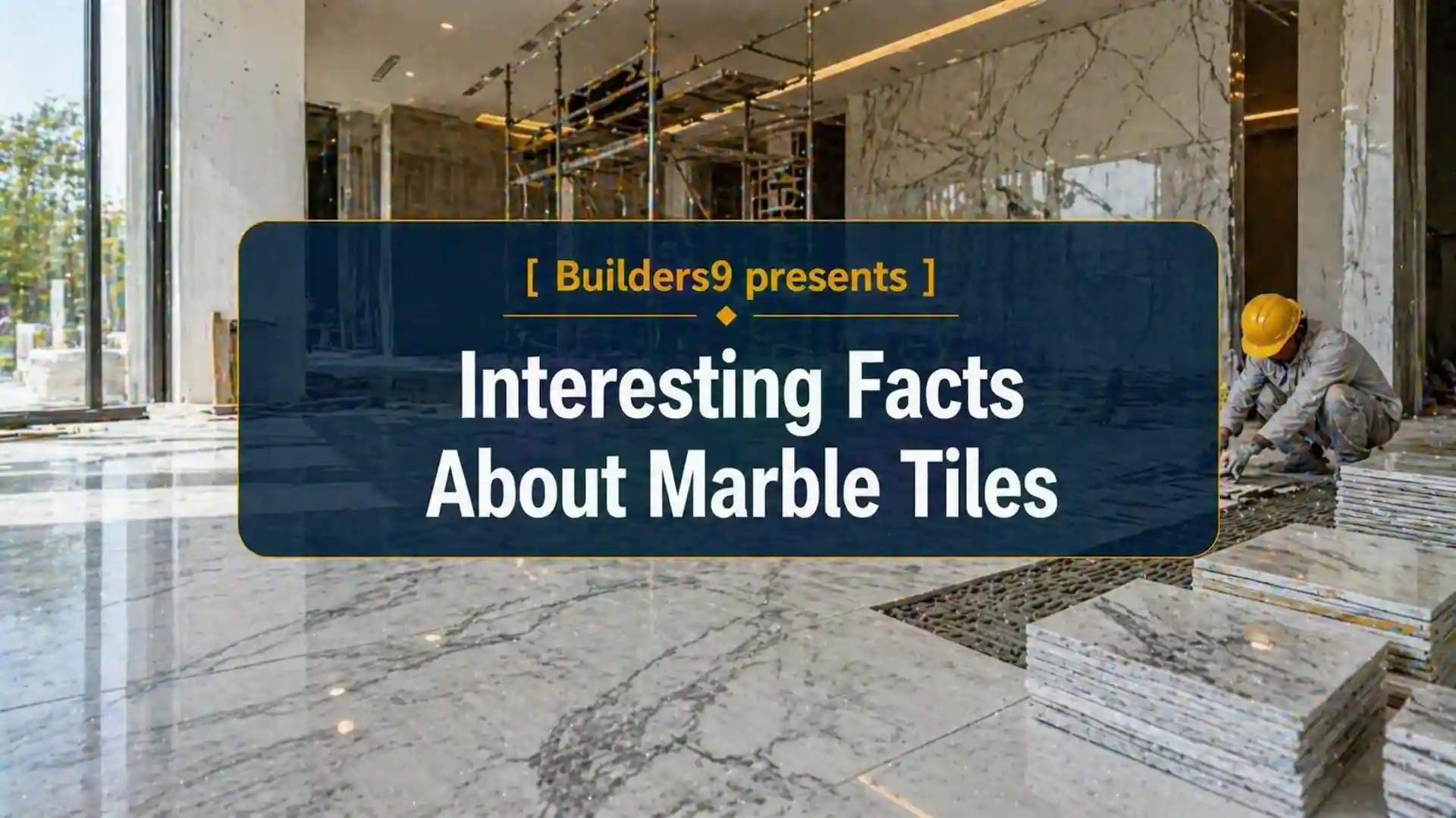 Worker installing marble floor tiles inside a modern interior with polished marble surfaces and stacked tiles nearby