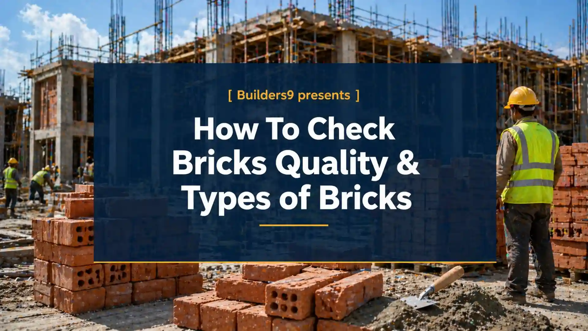 Stacks of red bricks at a construction site with workers inspecting materials and building structure in background