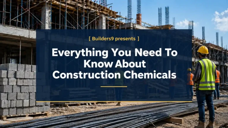 Construction site with workers, steel bars, and materials used in building projects