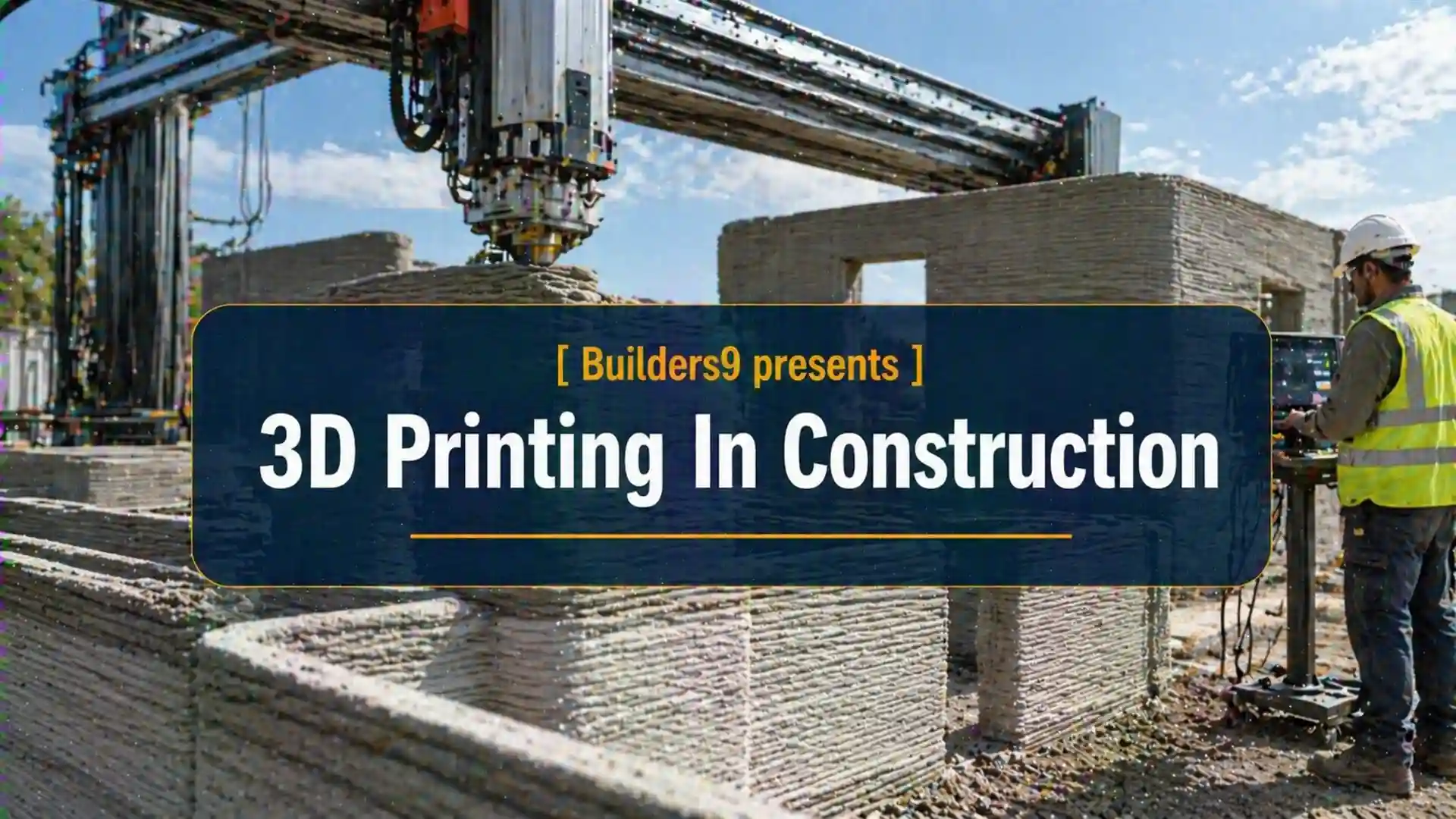 3D printer constructing a concrete house structure at a construction site