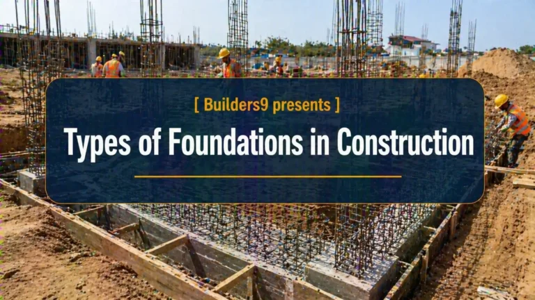 Reinforced concrete foundation work with steel bars and workers at a construction site