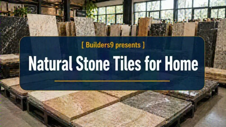 Display of natural stone tiles in a showroom with various textures and finishes