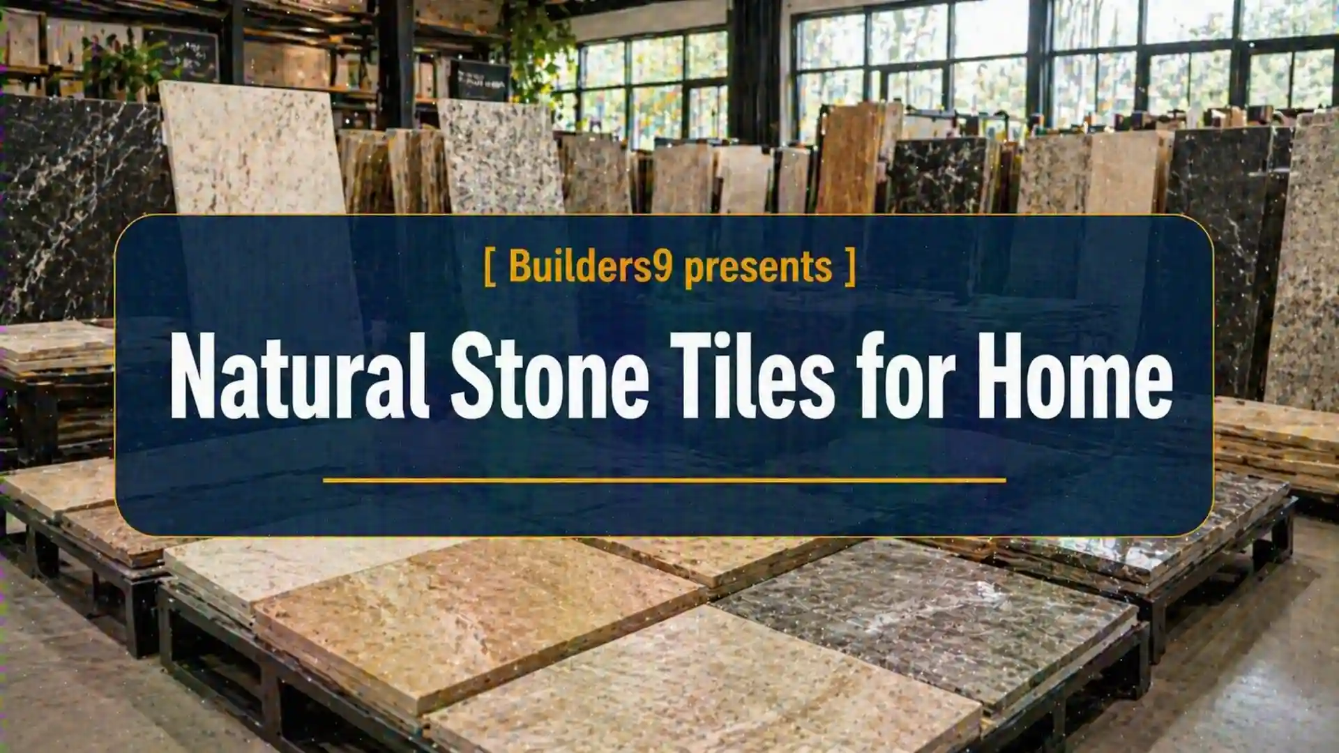Display of natural stone tiles in a showroom with various textures and finishes
