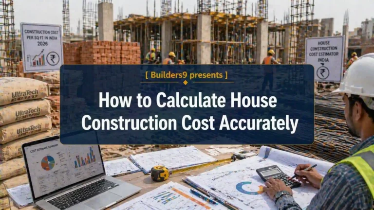 Engineer calculating house construction cost using plans, laptop, and calculator at a construction site