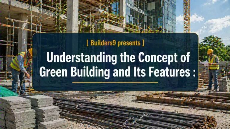 Construction workers at a modern building site highlighting green building practices