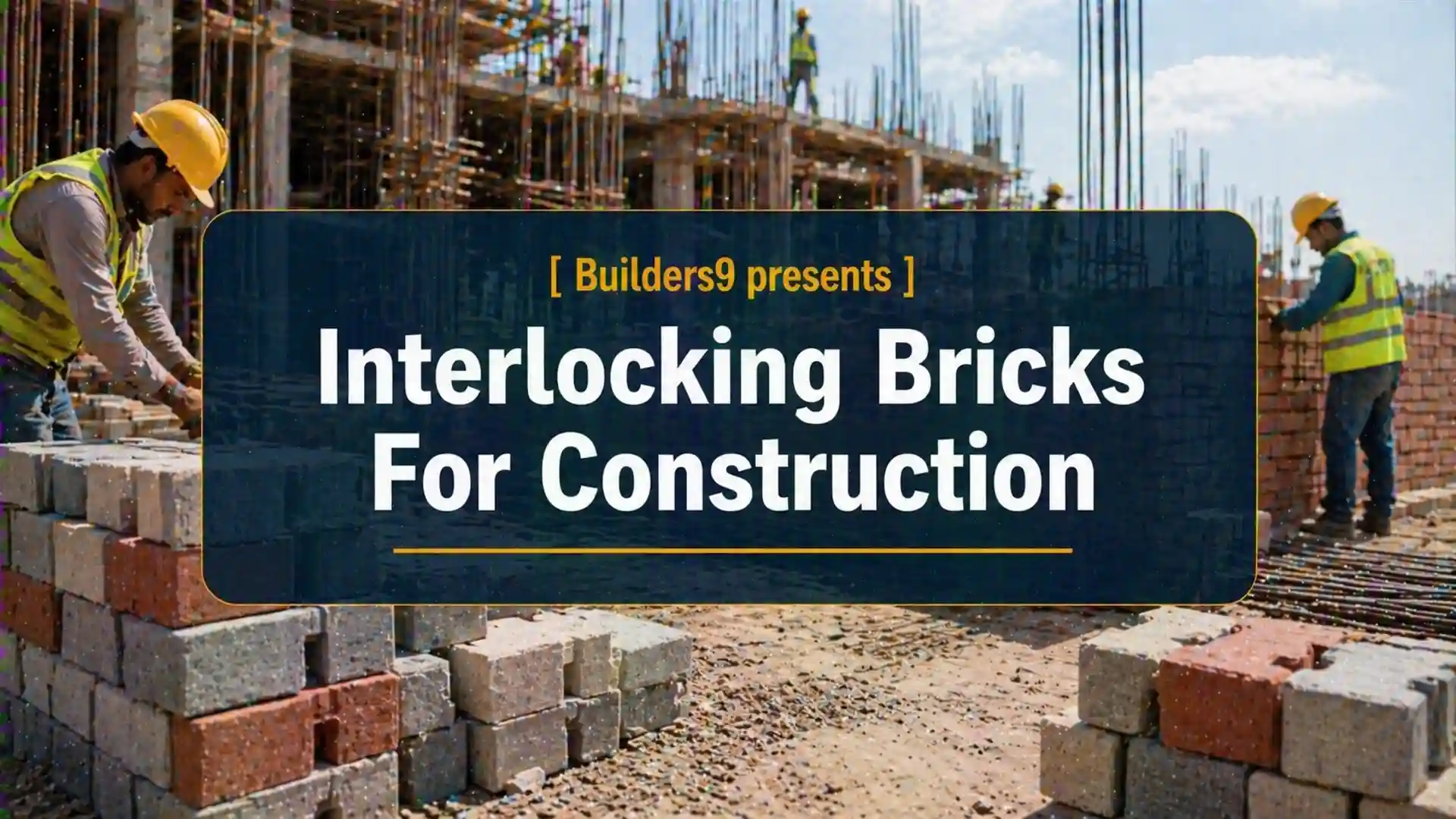 Workers installing interlocking bricks at a construction site with stacked paver blocks