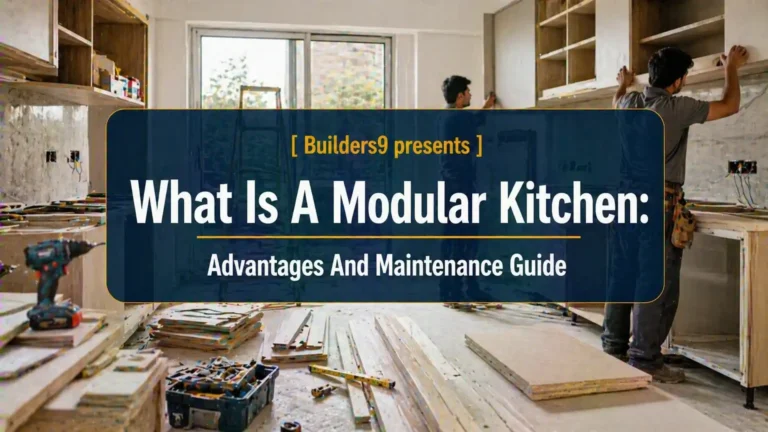 Workers installing cabinets in a modular kitchen during interior construction