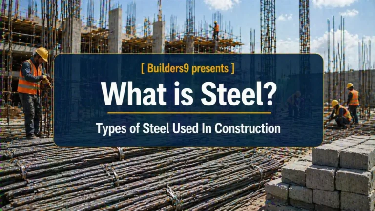 Construction workers handling steel reinforcement bars at an active building site