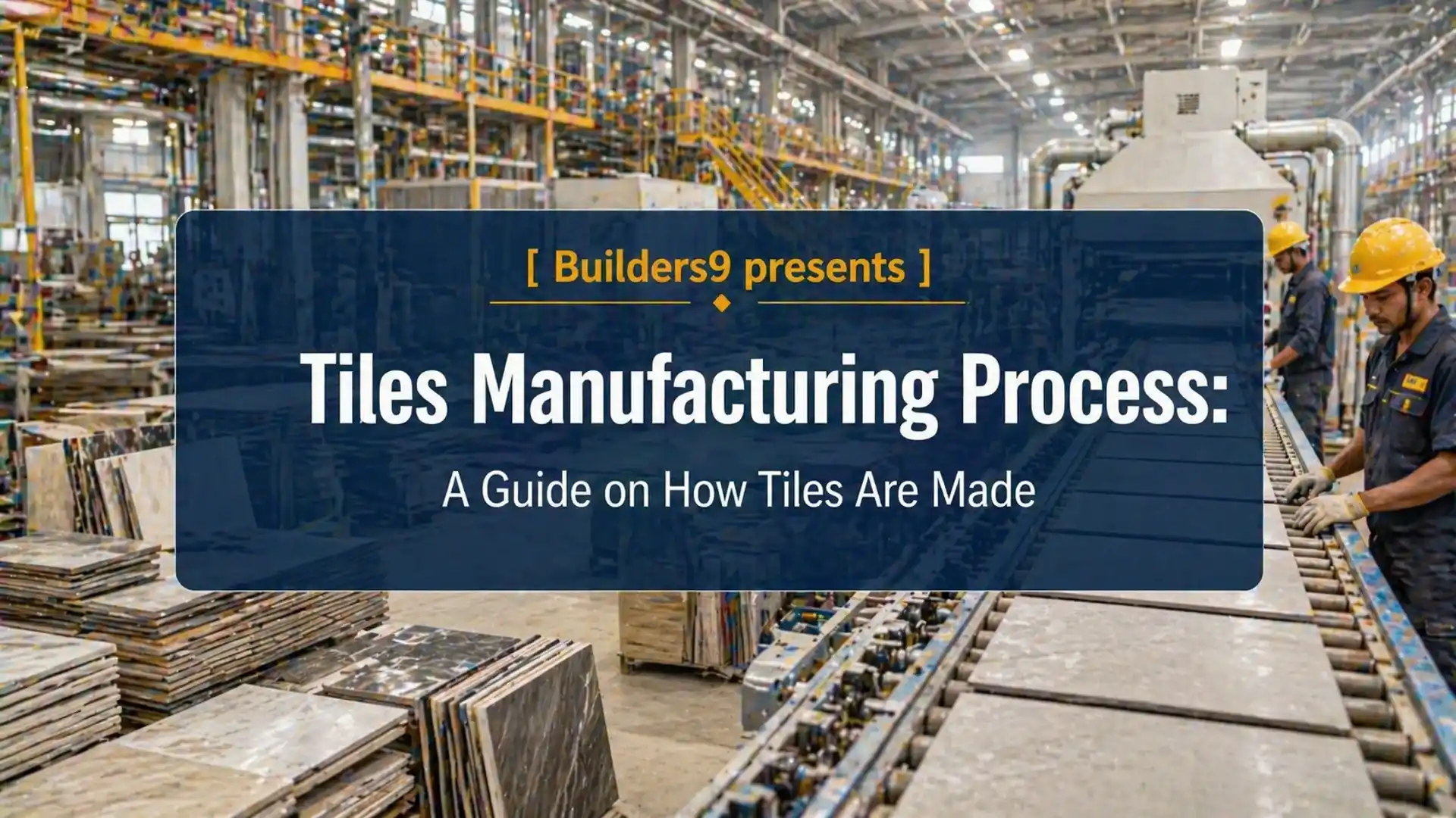 Workers overseeing tile production on a conveyor belt in a manufacturing plant