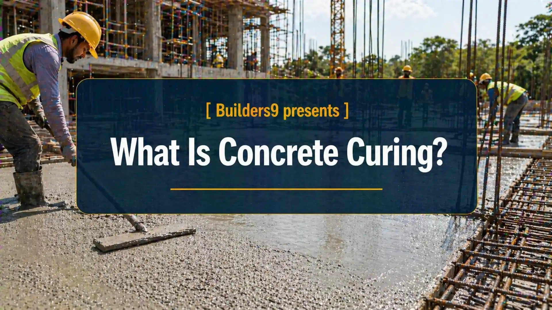 Worker leveling freshly poured concrete with reinforcement bars visible at an active construction site