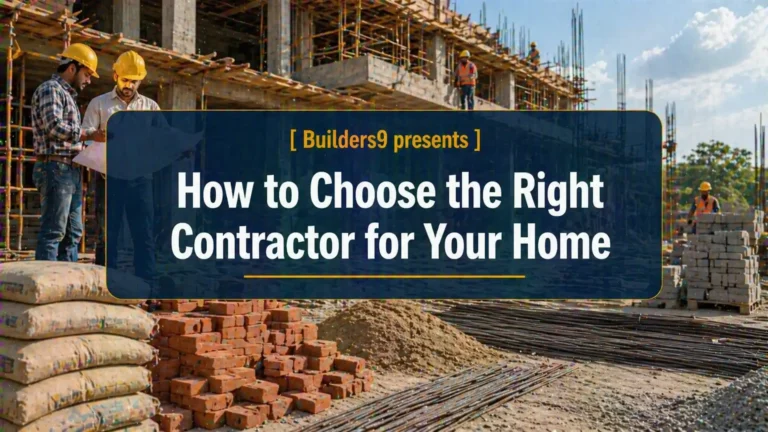 Construction site with engineers reviewing plans, bricks, steel bars, and workers building a structure