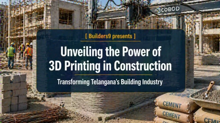 3D printing machine constructing a building structure at an active construction site with workers and cement materials