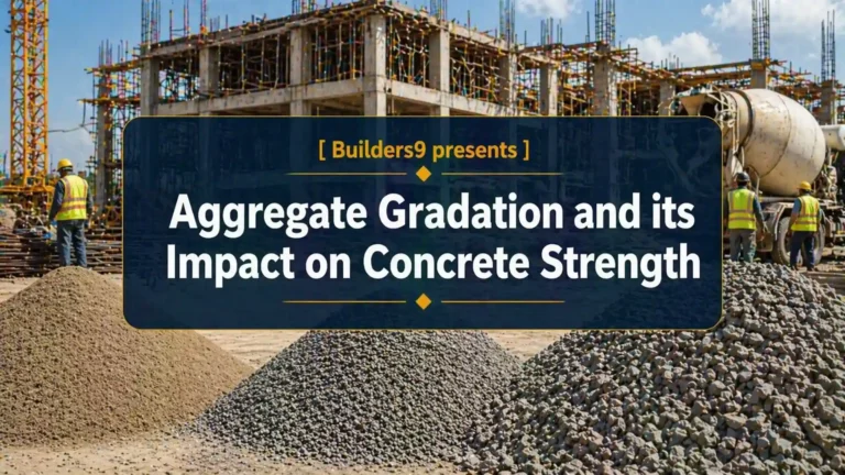 Construction site with piles of aggregates showing gradation near a concrete building project