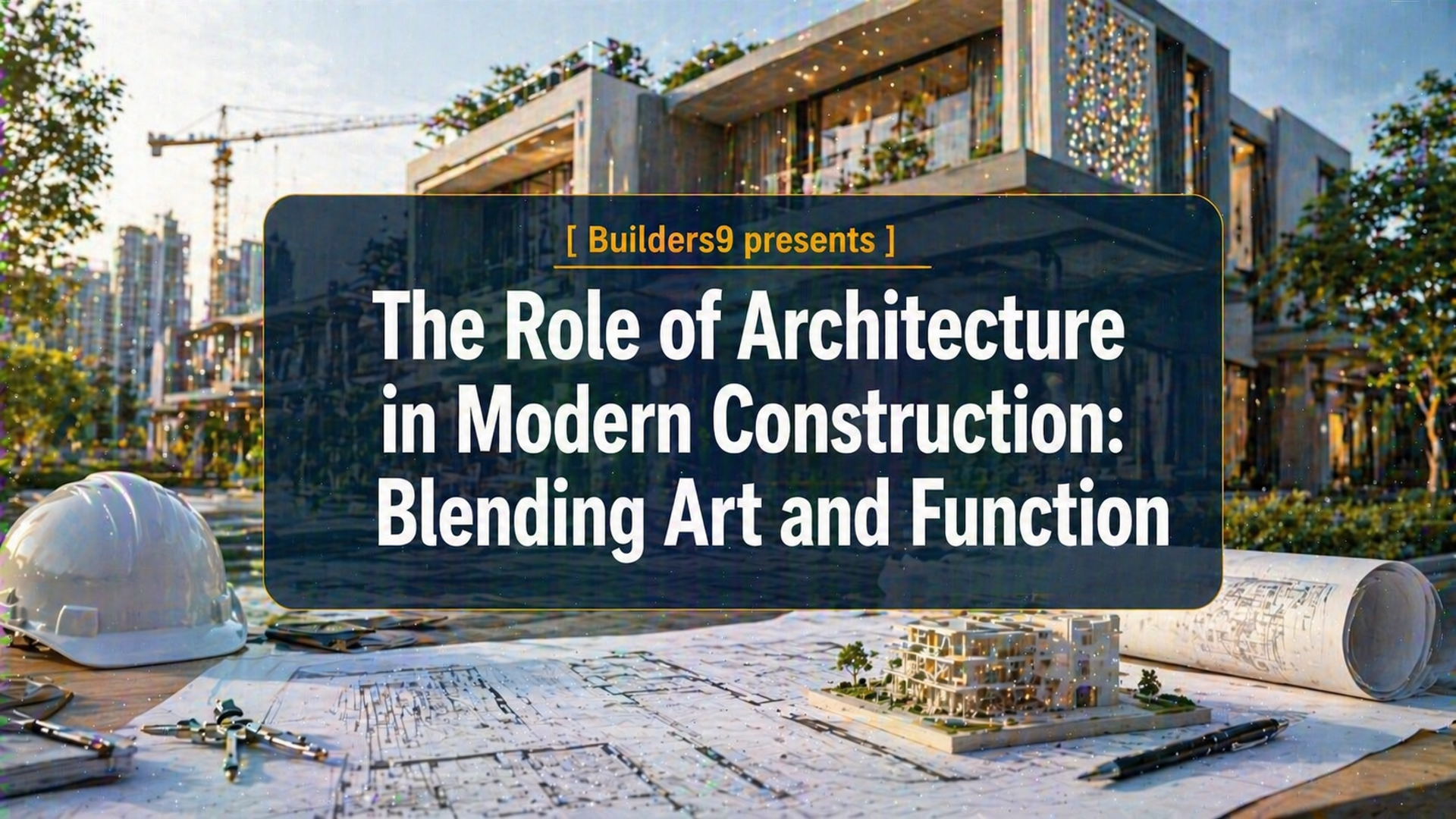 Modern architectural design with blueprints, model structure, and construction site in the background