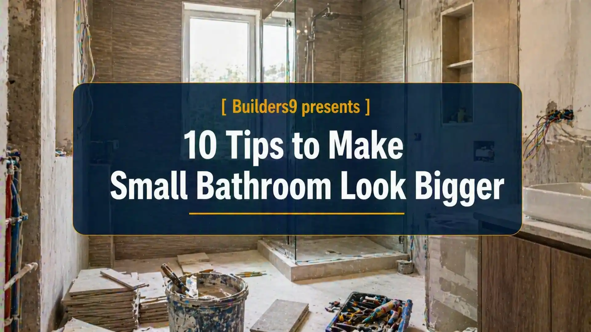 Small bathroom under renovation with tiles, tools, and glass shower enclosure showing space optimization design