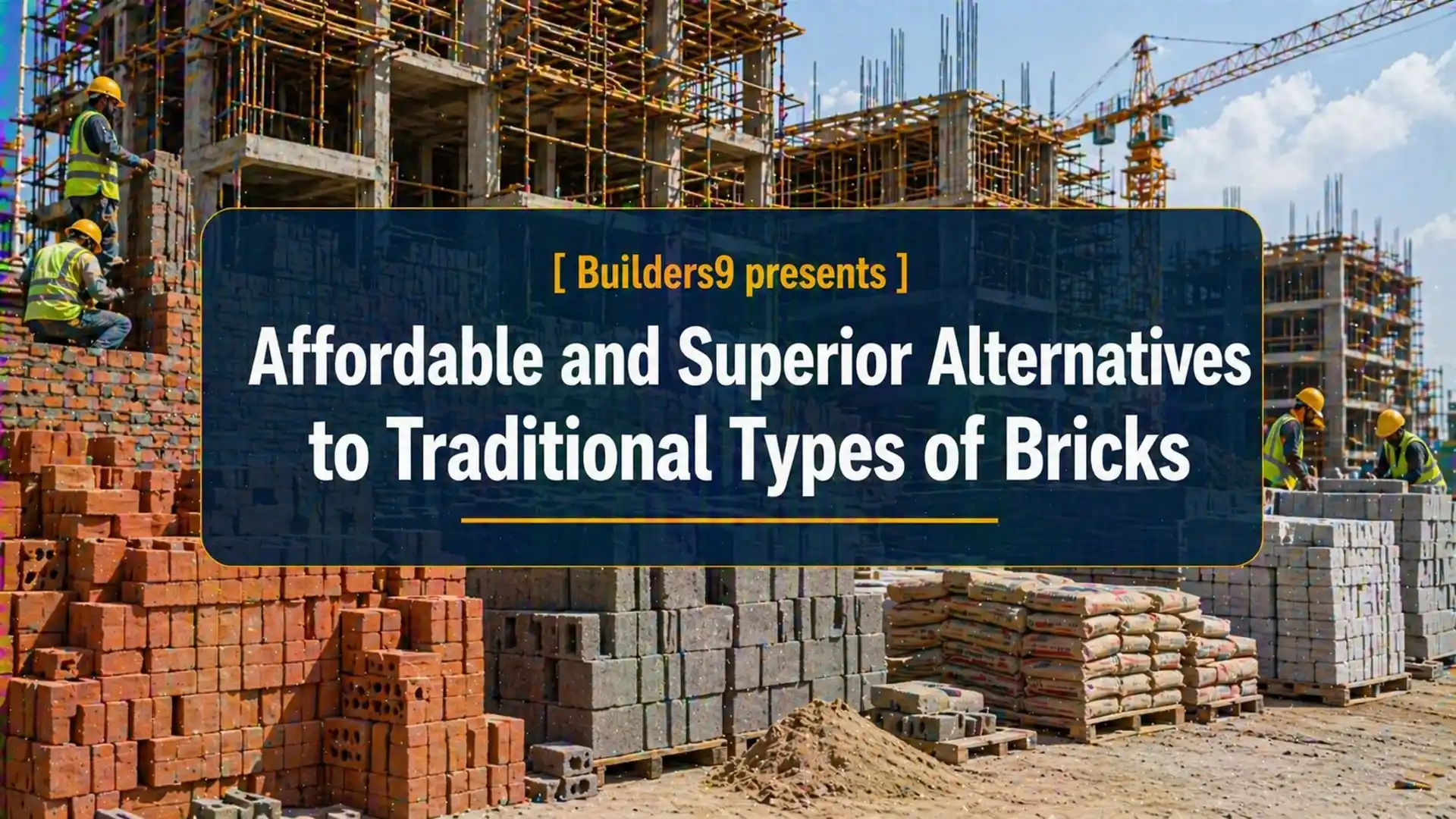 Construction site with stacks of traditional bricks and modern block alternatives with workers building structures