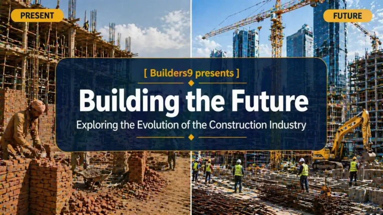 Split view of construction site showing traditional building methods on left and modern machinery-driven construction on right