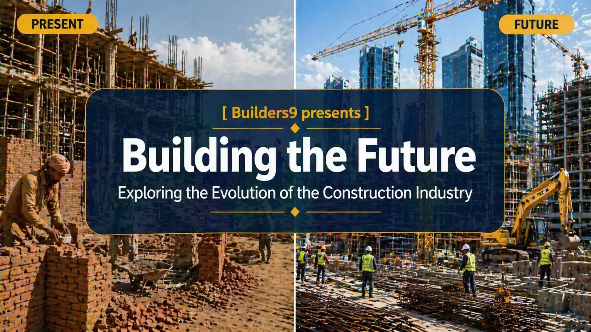 Split view of construction site showing traditional building methods on left and modern machinery-driven construction on right
