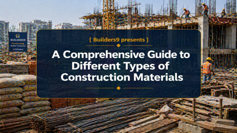 Construction site with steel rods, cement bags, and workers illustrating different building materials in use
