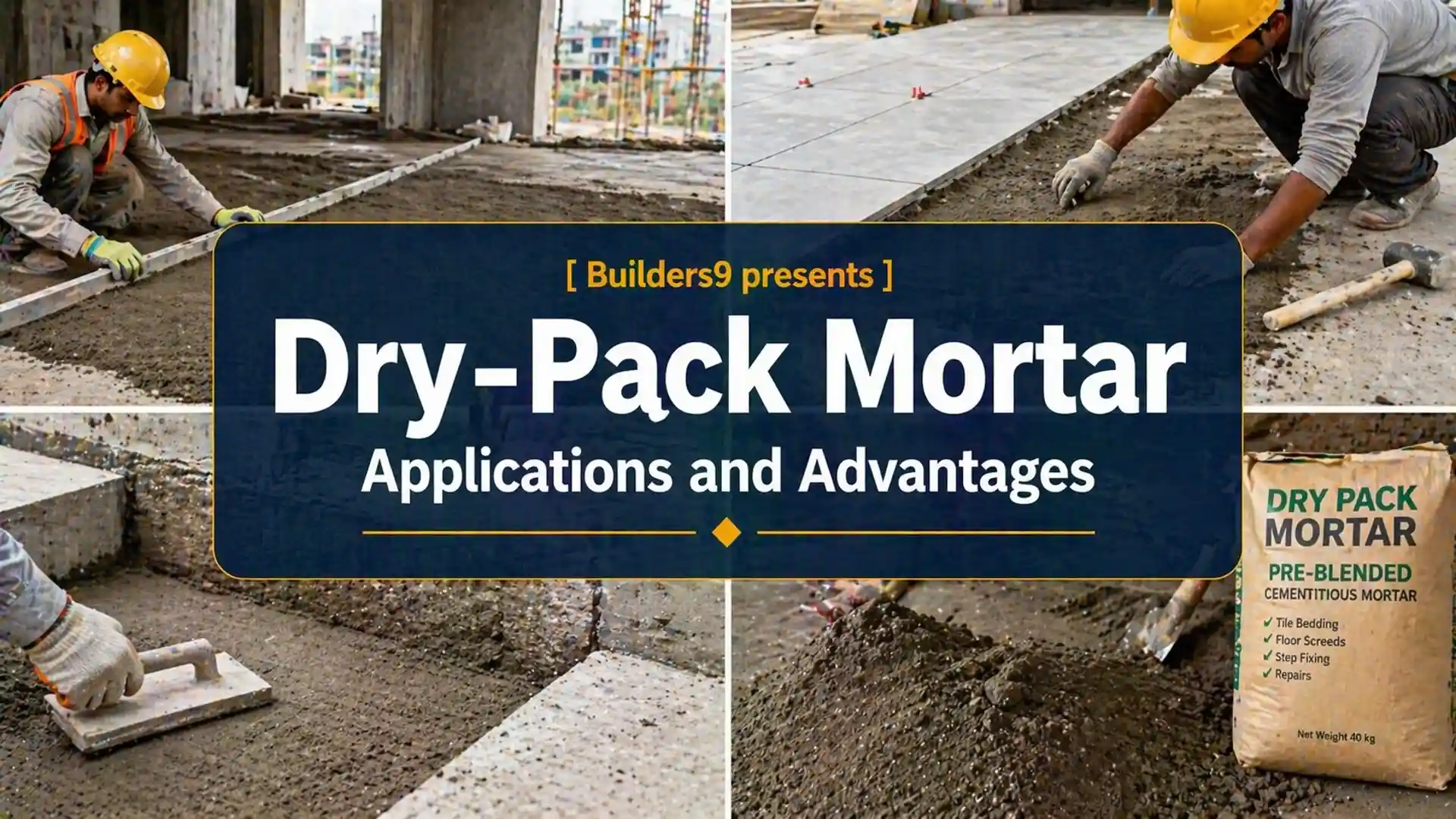 Workers applying dry pack mortar for flooring and tile installation at construction site