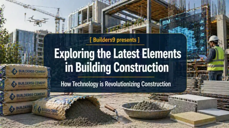 Modern construction site with BIM technology, cement bags, materials, and engineer using digital tools