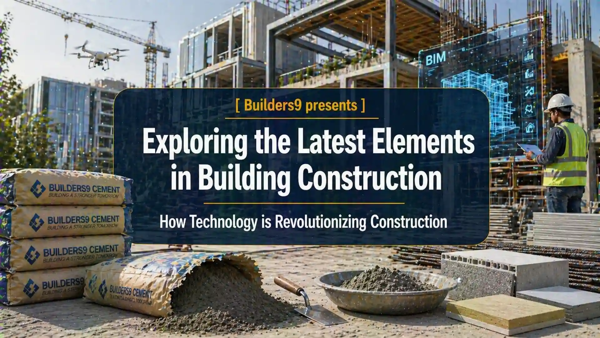 Modern construction site with BIM technology, cement bags, materials, and engineer using digital tools