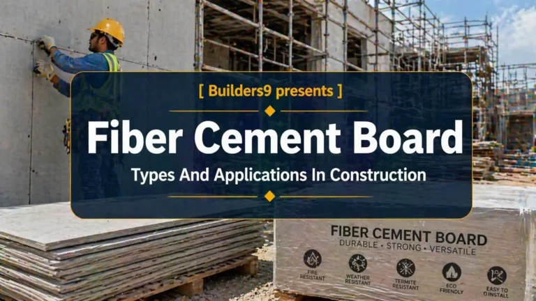 Worker installing fiber cement boards at construction site with stacked boards and scaffolding