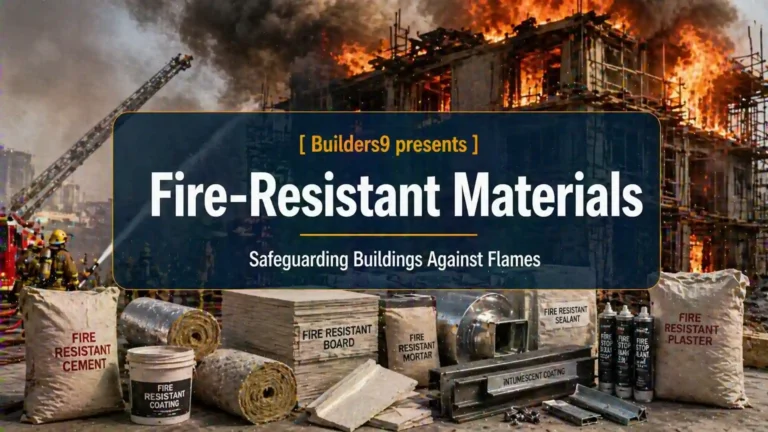 Fire-resistant construction materials displayed in front of a burning building with firefighters controlling flames at an active site