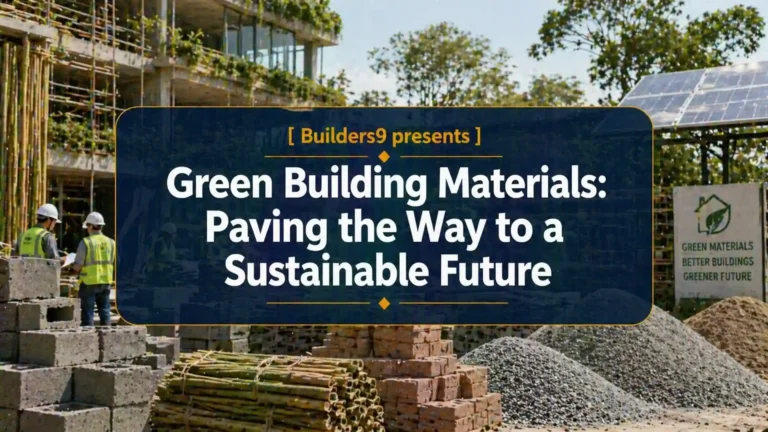 Construction site using eco-friendly materials with solar panels, bricks, and workers building sustainably