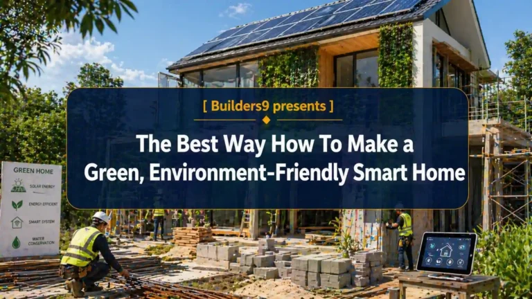 Workers building an eco-friendly smart home with solar panels, greenery, and sustainable materials at a modern construction site