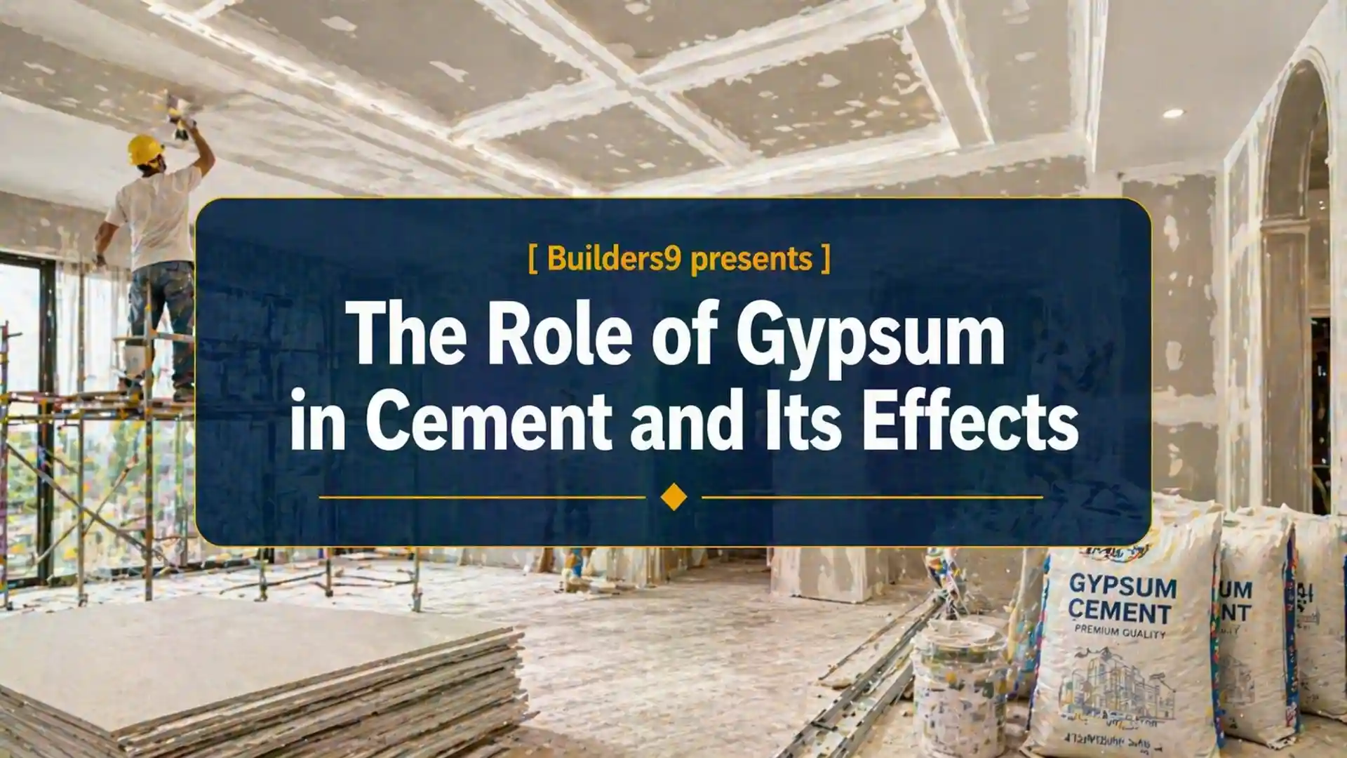 Worker applying gypsum plaster on ceiling inside construction site with cement bags and interior finishing work