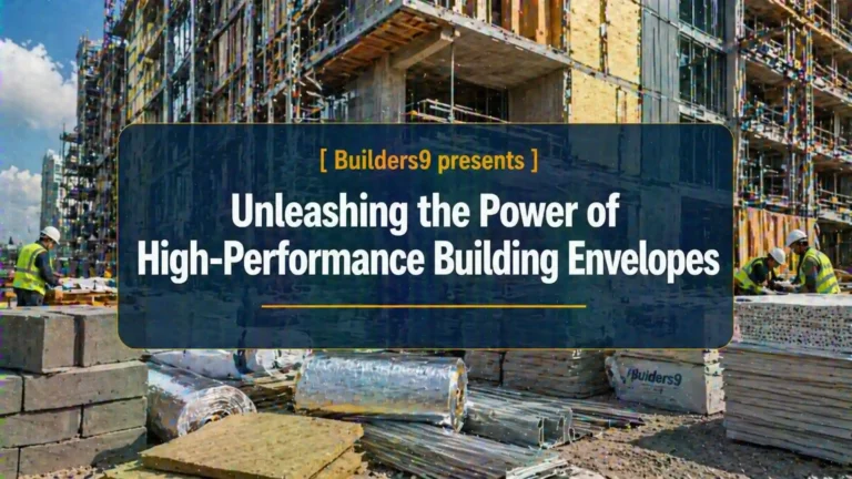 Construction workers installing insulation and materials for high-performance building envelope on a modern construction site