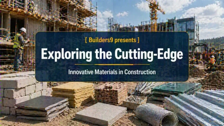 Construction site showcasing stacks of innovative building materials like panels, bricks, insulation, and steel with workers in background