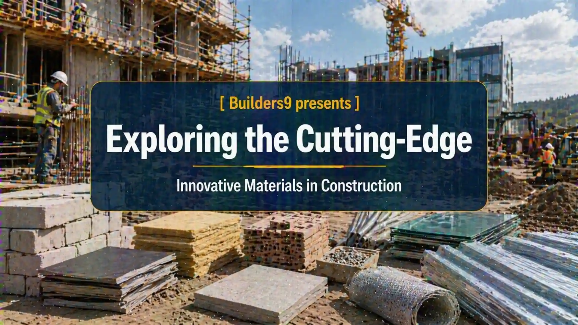 Construction site showcasing stacks of innovative building materials like panels, bricks, insulation, and steel with workers in background